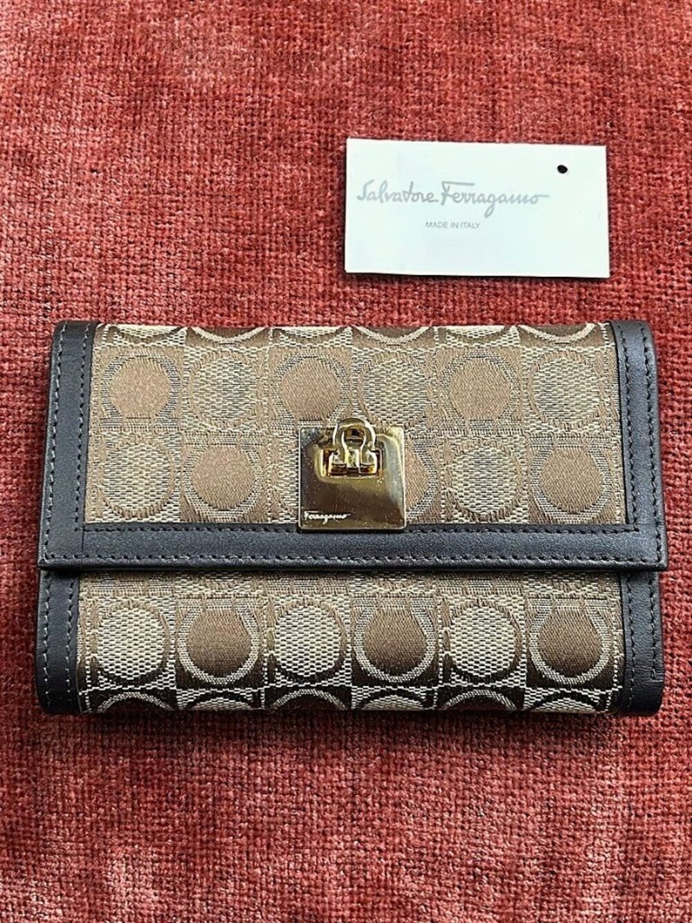 SALVATORE FERRAGAMO Canvas & Leather Gancini Trifold Wallet, Tan Brown